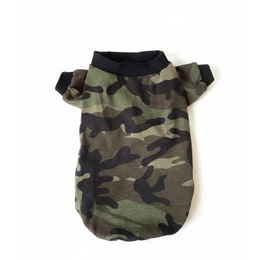 Camouflage-patterned pet shirt on a white background