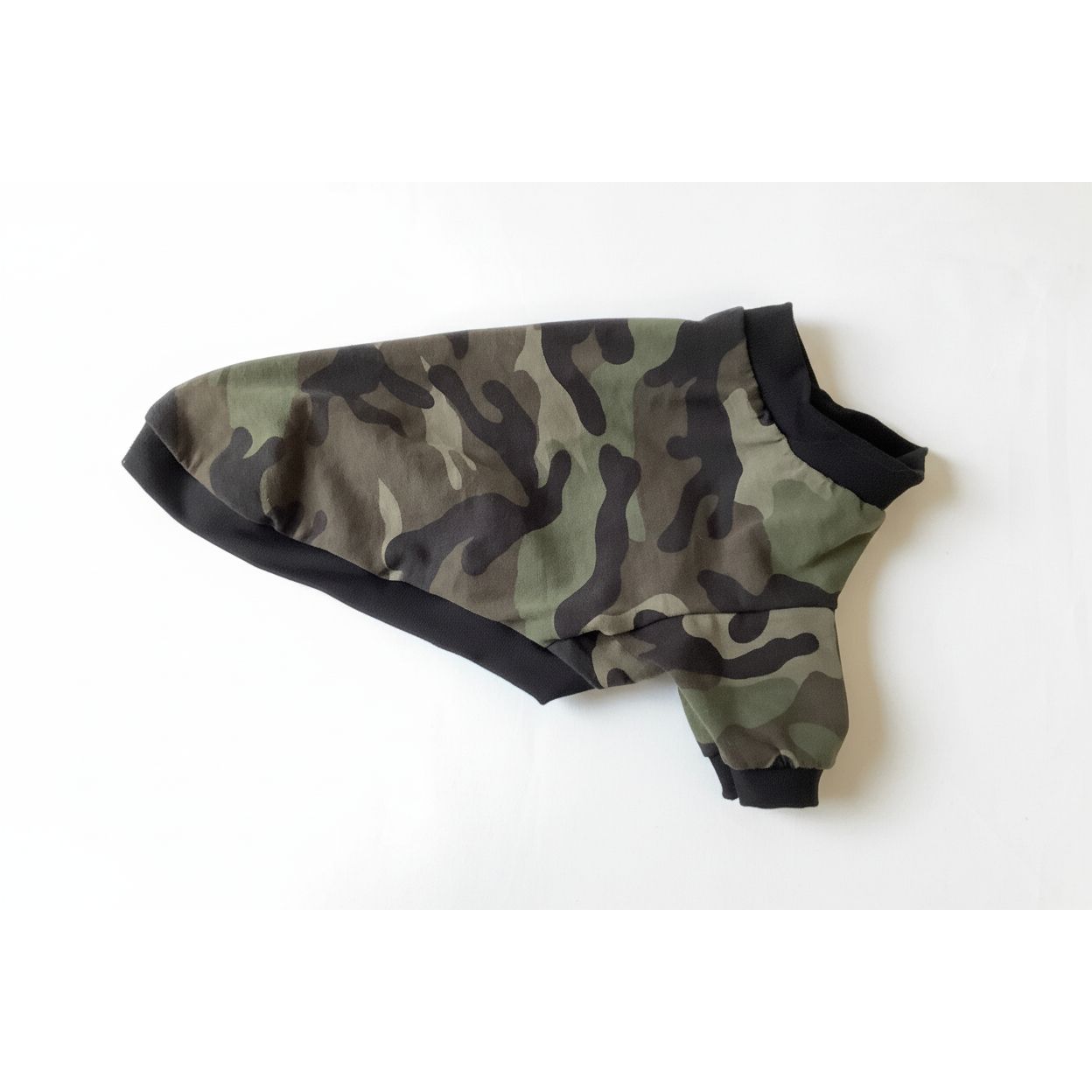 Camouflage-patterned pet coat on a white background