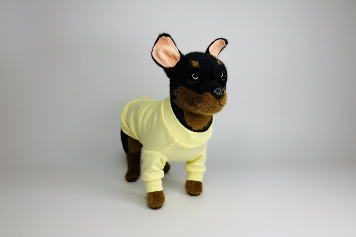 Stuffed dog toy wearing a yellow outfit on a white background