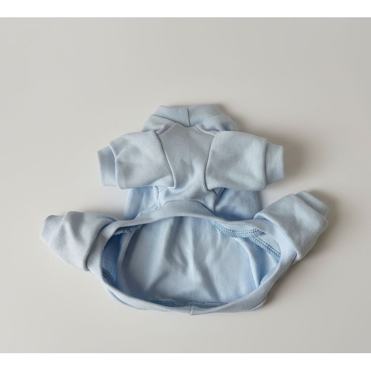 Light blue dog pajamas on a beige blanket
