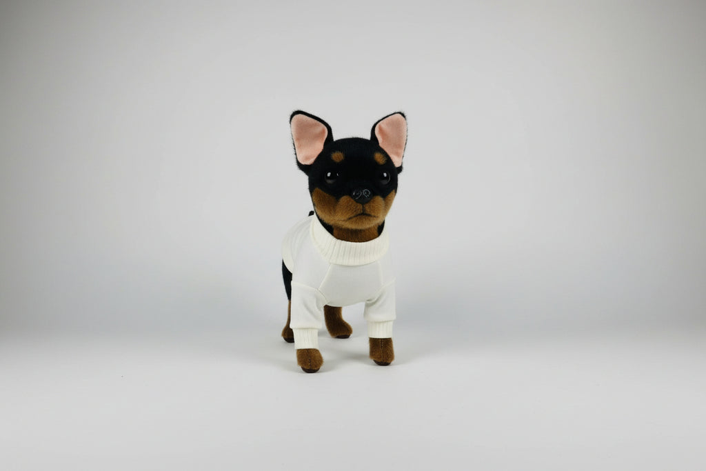 Small dog wearing a beige cotton shirt