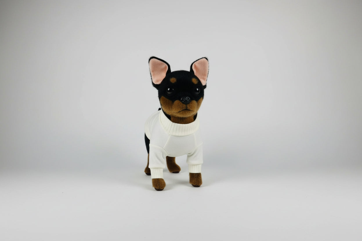 Small dog wearing a beige cotton shirt