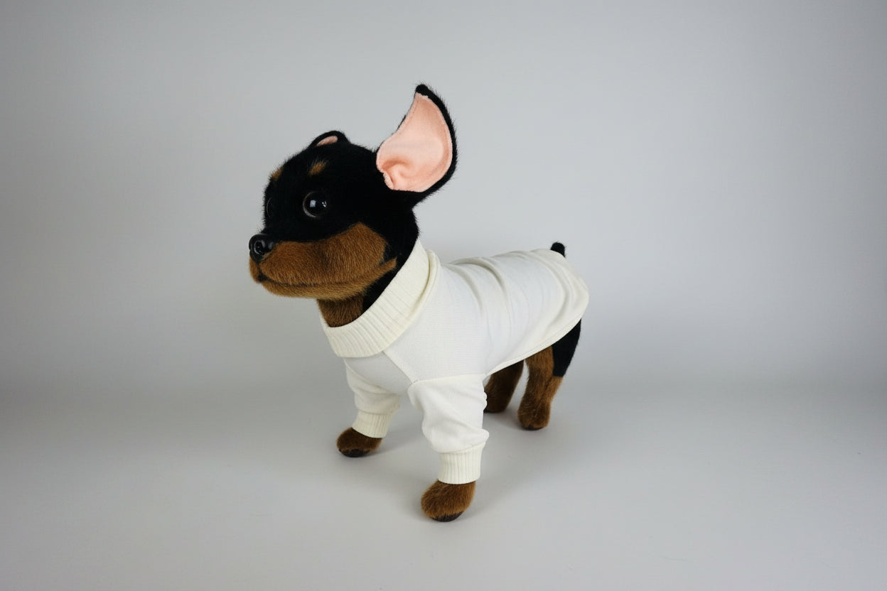 Small dog wearing a beige cotton shirt on a white background