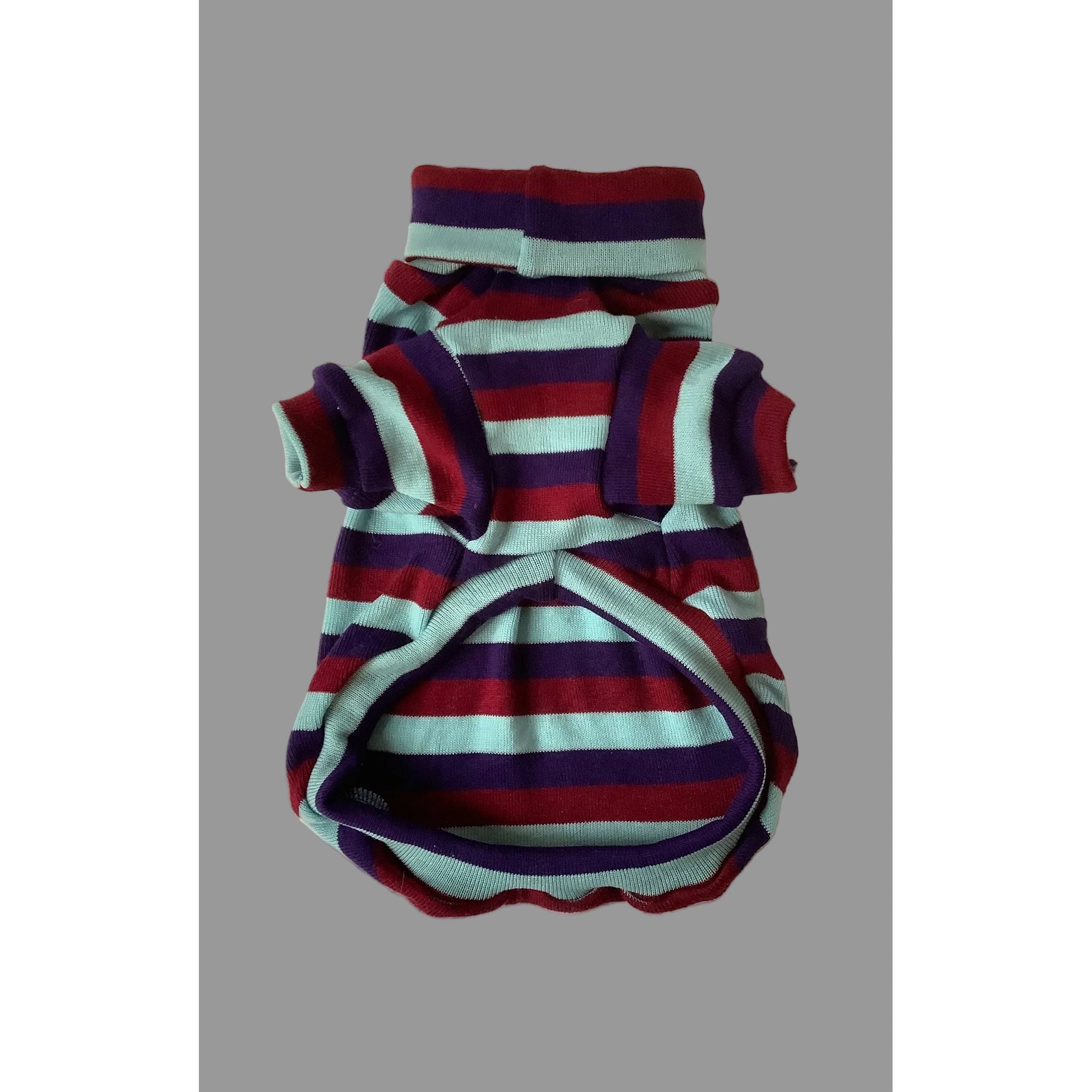Striped dog shirt with red, blue, and green pattern on a white background