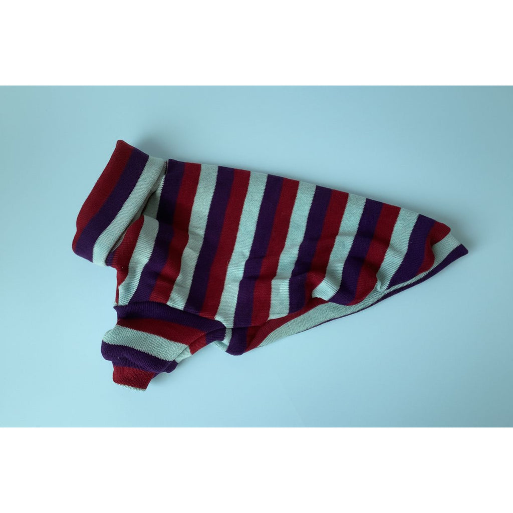 Striped dog sweater with red, blue, and purple colors on a white fabric background