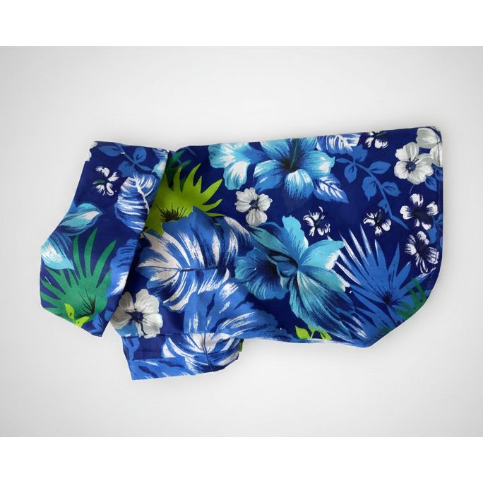 Blue Hawaiian dog shirt. 