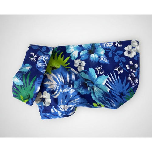 Blue Hawaiian dog shirt. 
