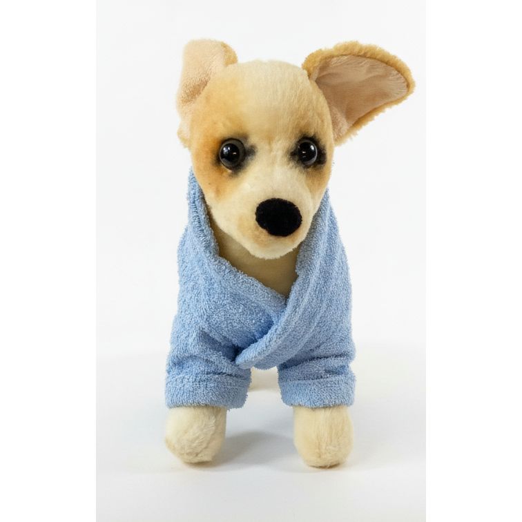 Stuffed dog toy wearing a blue robe on a white background