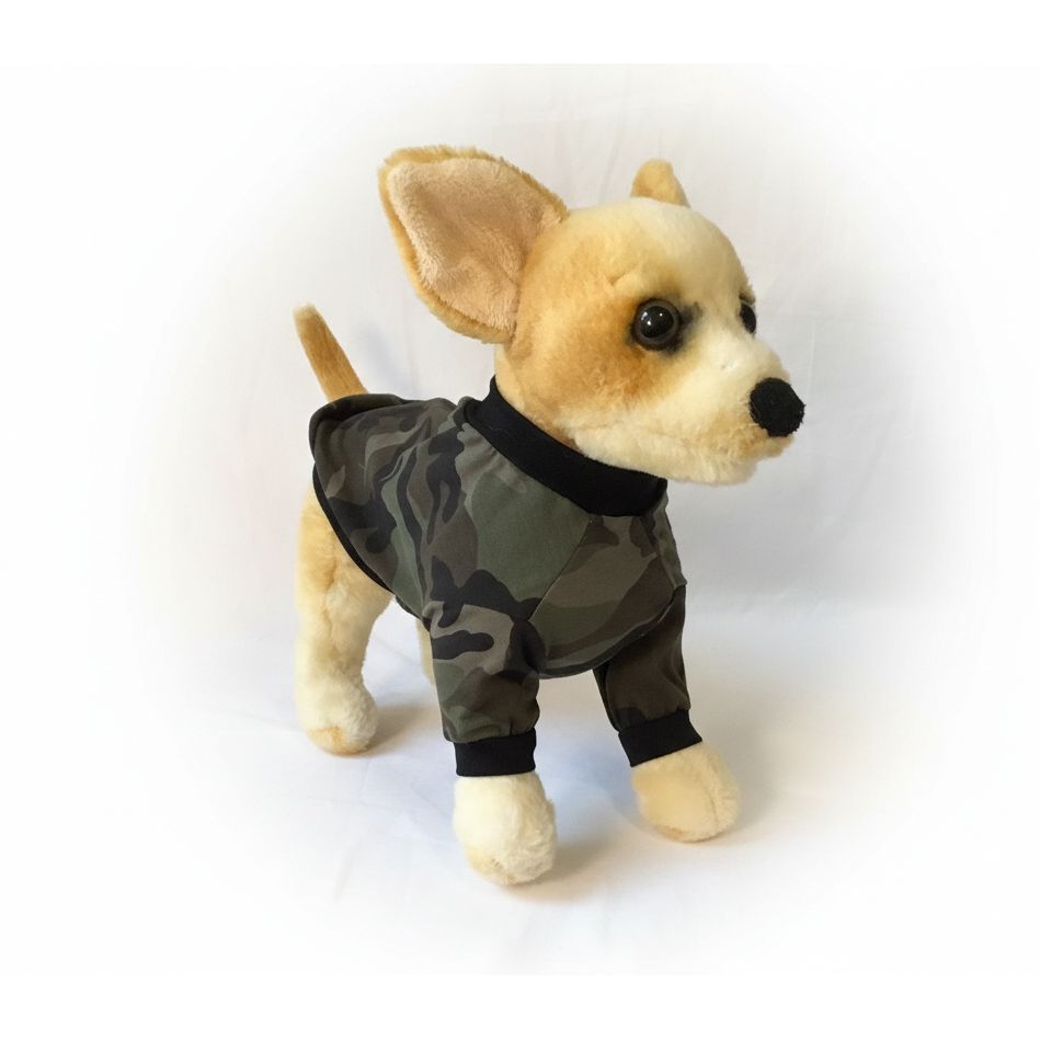 Stuffed dog toy wearing a camouflage outfit on a white background