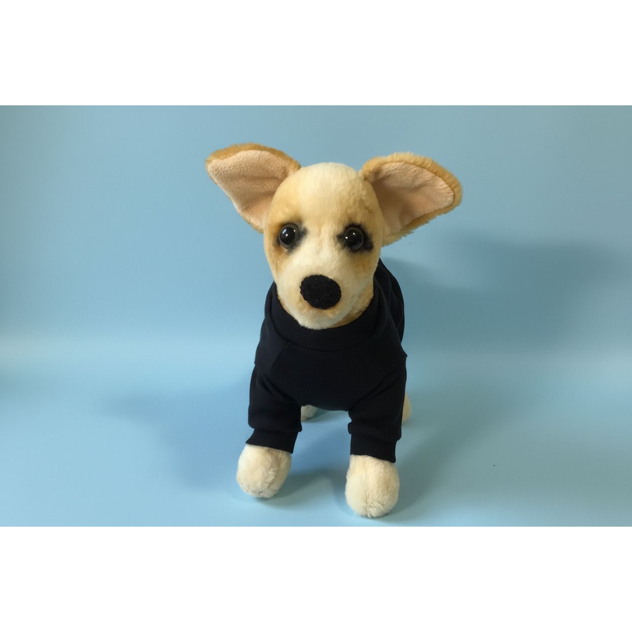 Stuffed animal dog wearing a black outfit on a white background