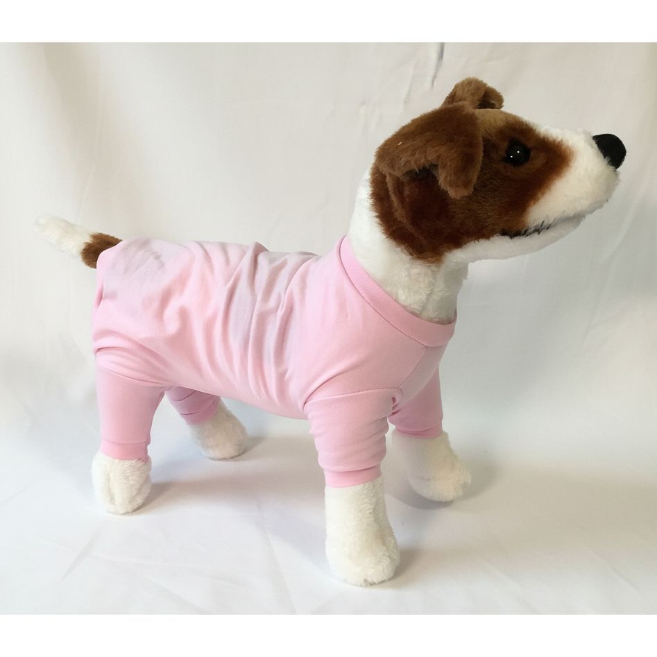Stuffed dog toy wearing a pink outfit on a white background