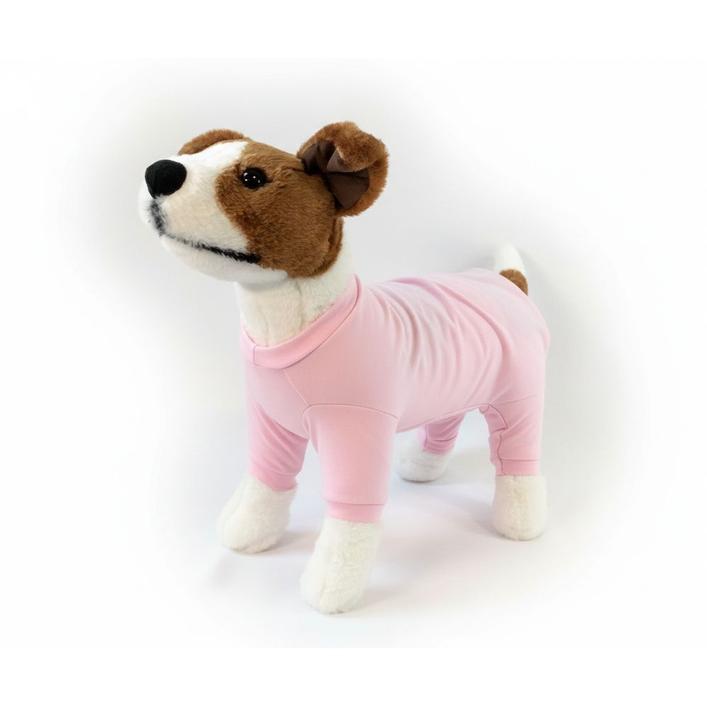 Stuffed dog toy wearing a pink outfit on a white background