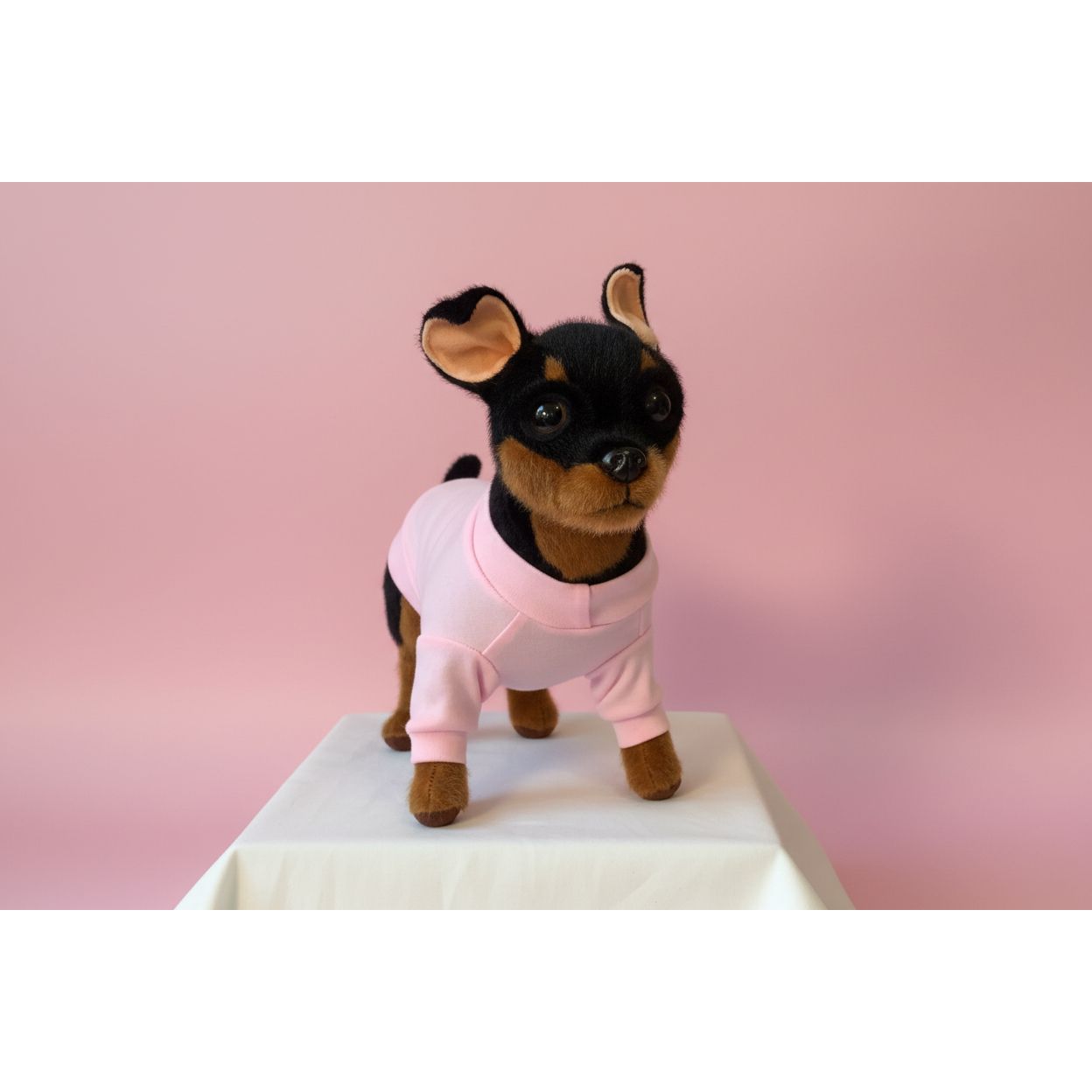 Plush dog toy wearing a pink outfit on a white background