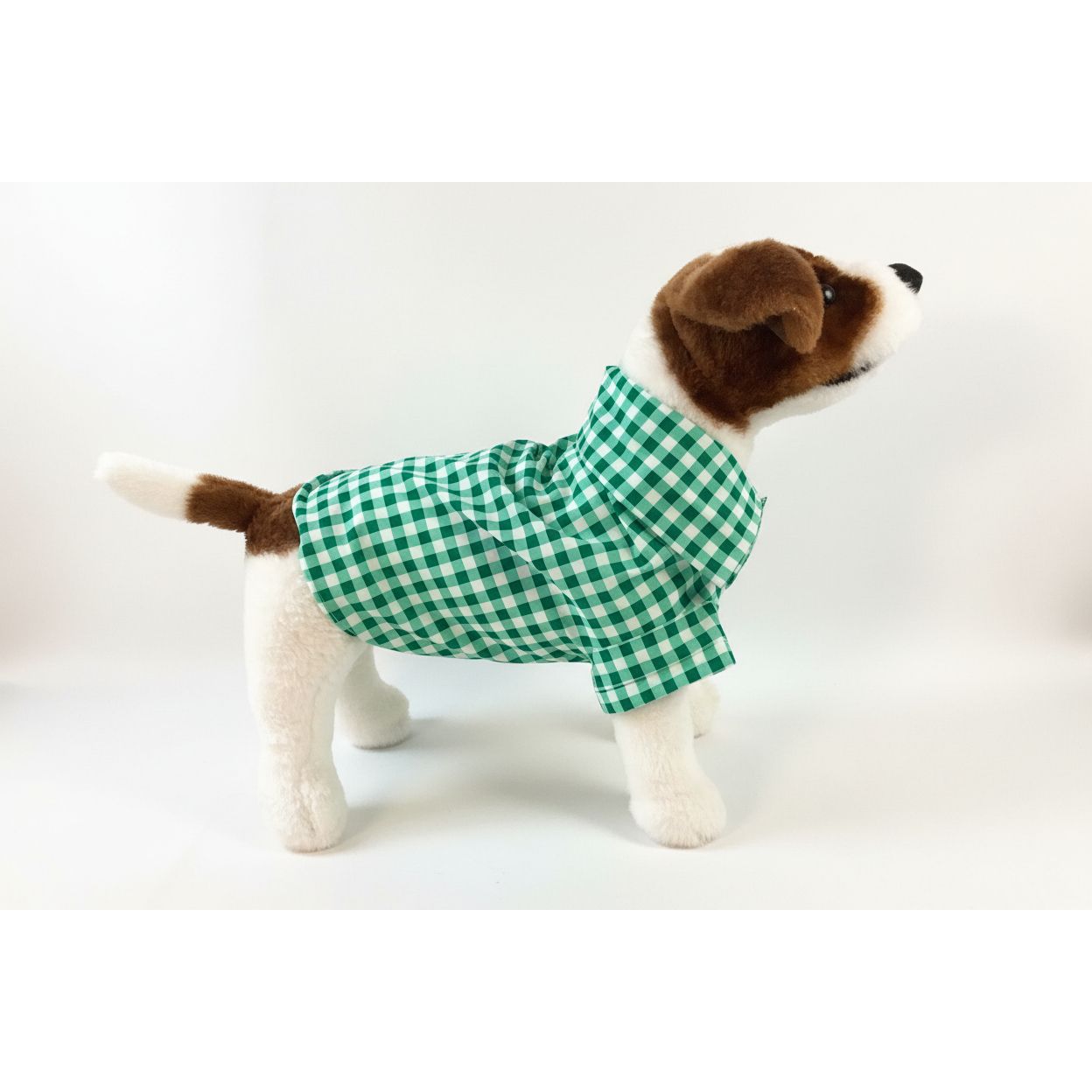 dog wearing a green checkered shirt outfit on a white background