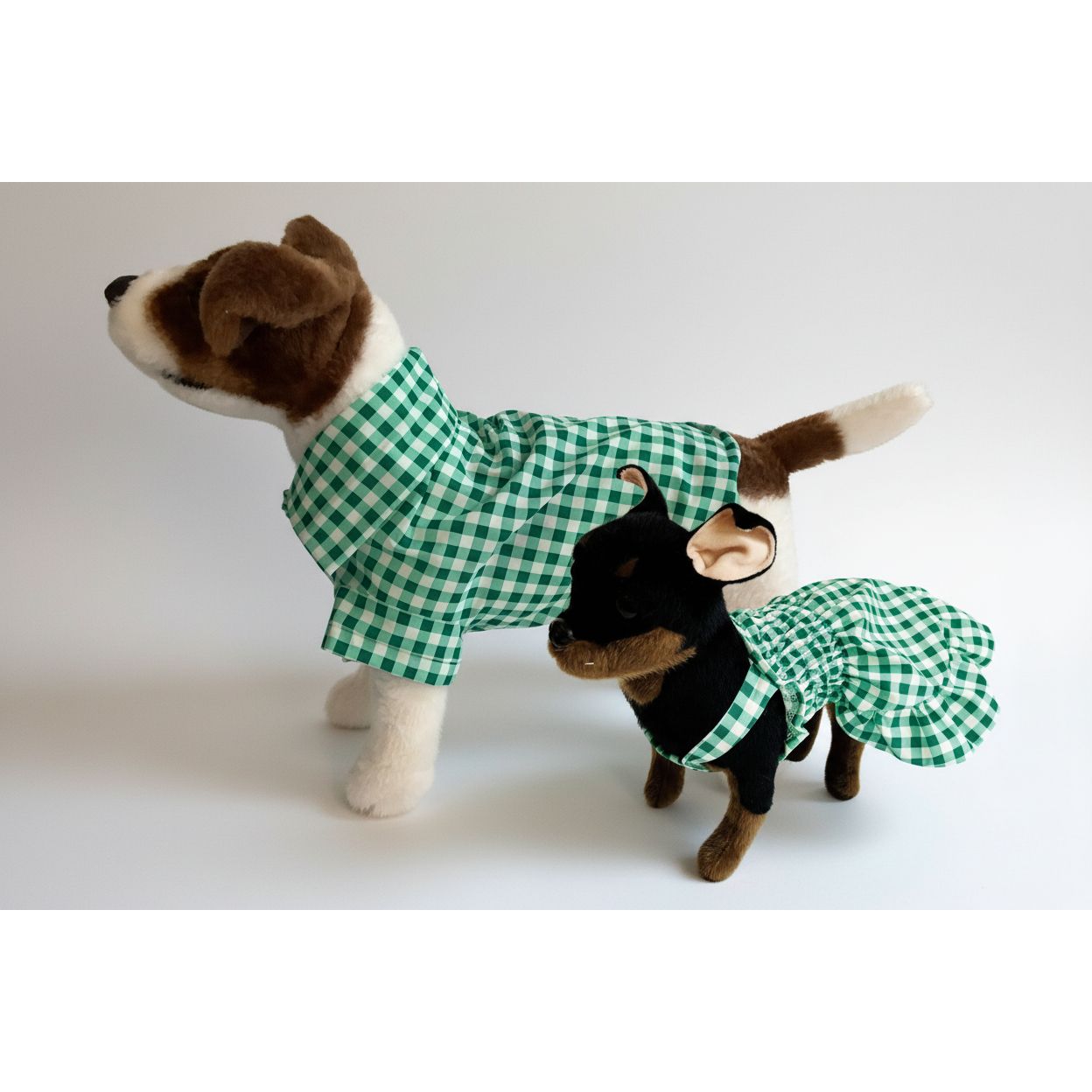 Hunter green gingham elastic shirred summer dog dress.