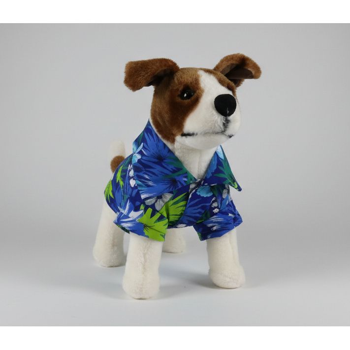 dog wearing a blue Hawaiian floral shirt on a white background