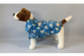 Dog wearing a blue shirt with sailboat pattern on a white background