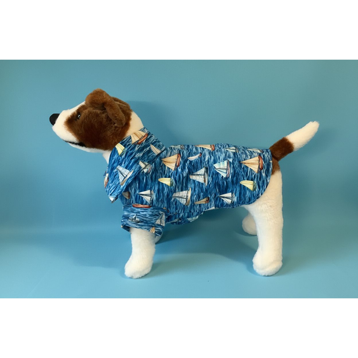 Dog wearing a blue shirt with sailboat pattern on a white background