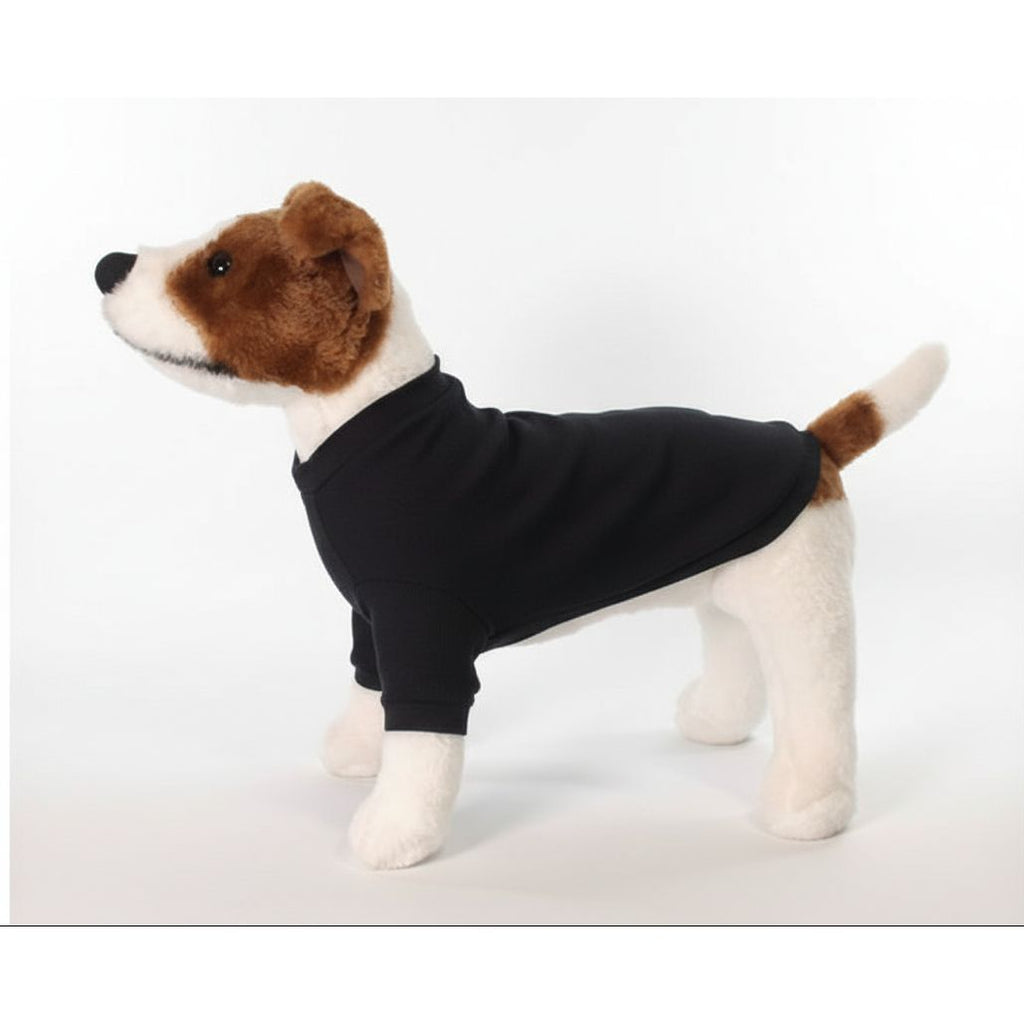 Stuffed dog toy wearing a black sweater on a white background
