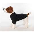 Stuffed dog toy wearing a black sweater on a white background