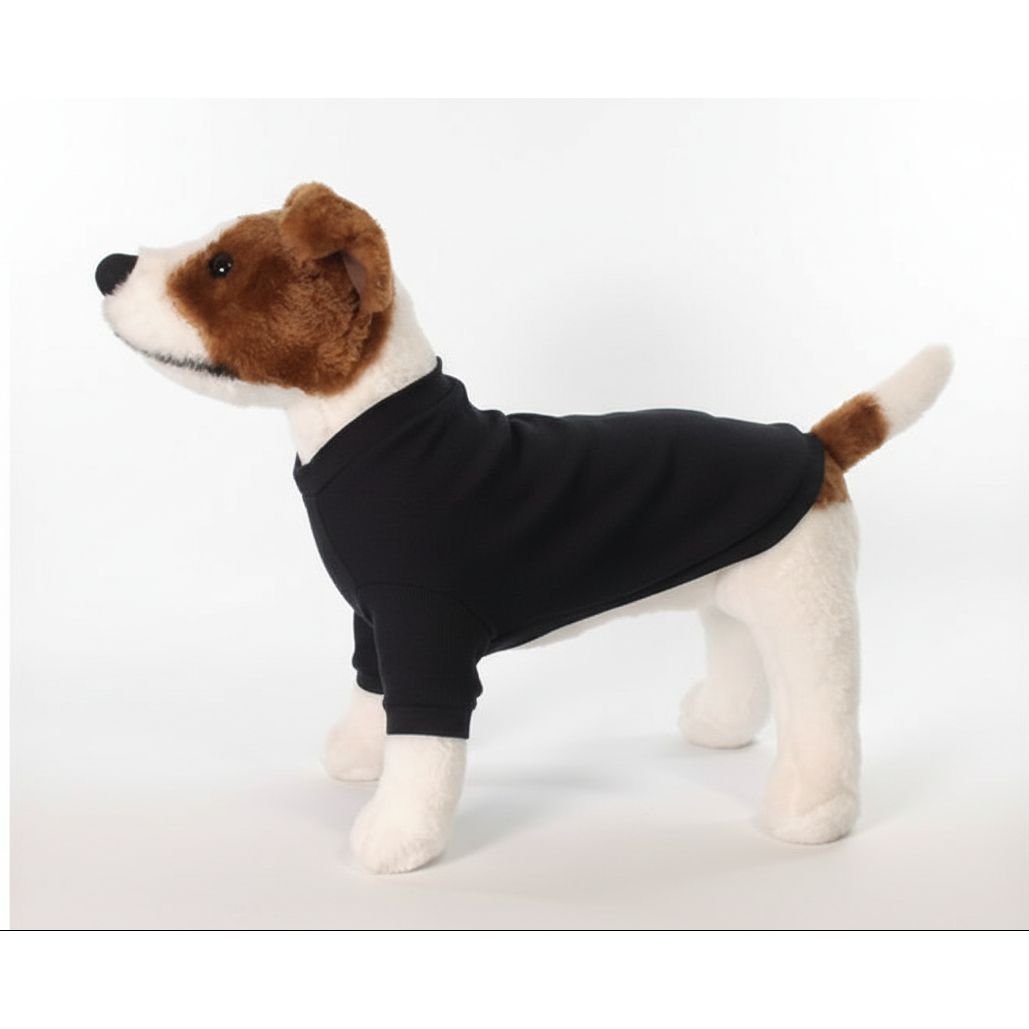 Stuffed dog toy wearing a black sweater on a white background