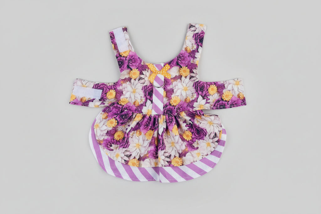 Purple Roses Dog Harness Dress with Matching Leash