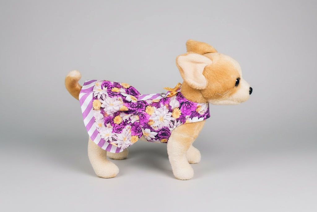 Purple Roses Dog Harness Dress with Matching Leash
