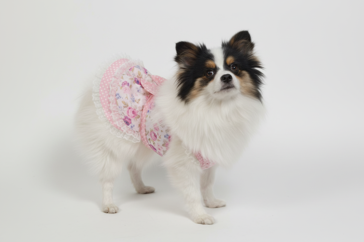 Dog wearing a pink dress sitting on a beige couch.