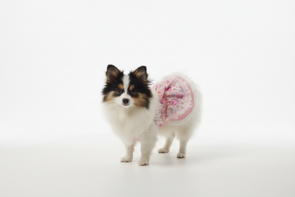Small dog wearing a decorative outfit on a striped couch