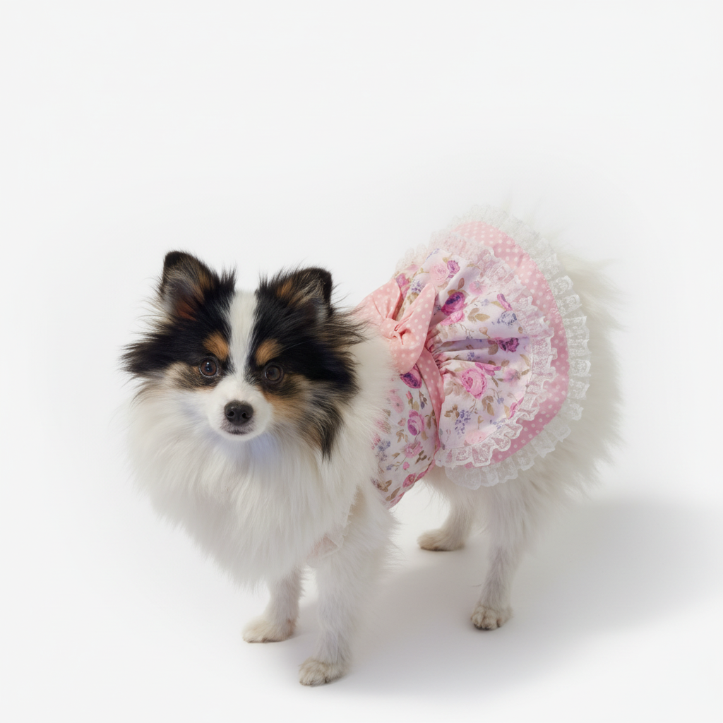 Dog wearing a pink outfit on a beige couch