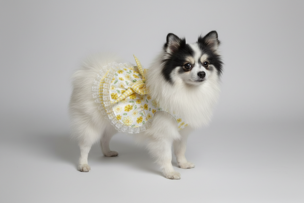 Small dog wearing a yellow dress on a beige couch