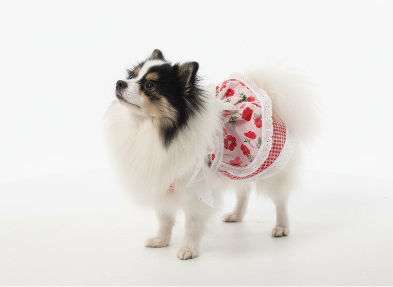 Small dog wearing a floral dress sitting on a beige couch.