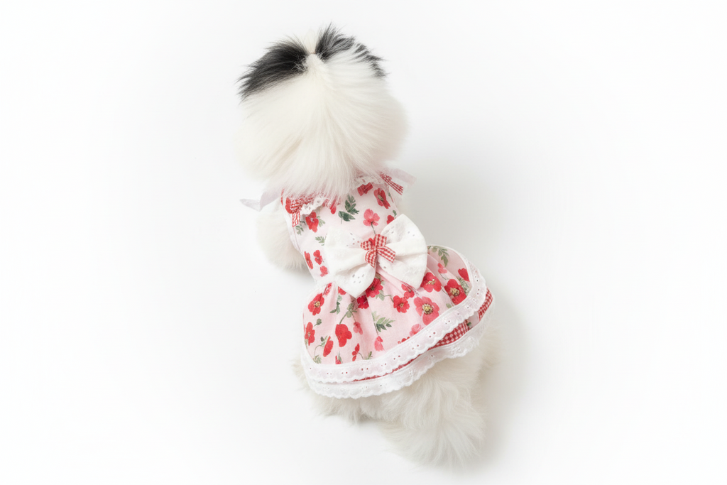 Dog wearing a floral outfit with a bow on a beige couch