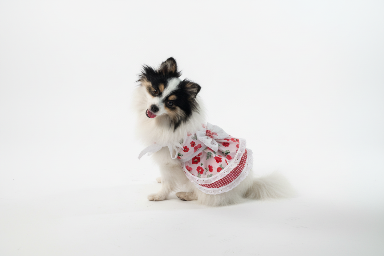 Small dog wearing a red and white dress on a beige couch