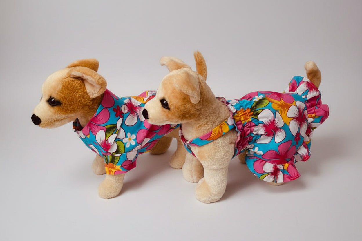 a dog wearing a dress and a dog wearing a shirt