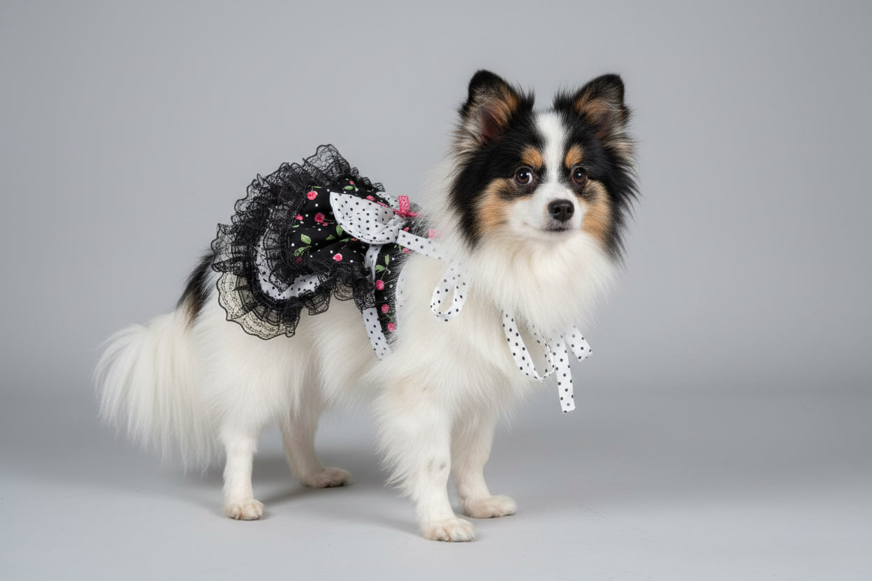 Small dog wearing a decorative outfit on a couch