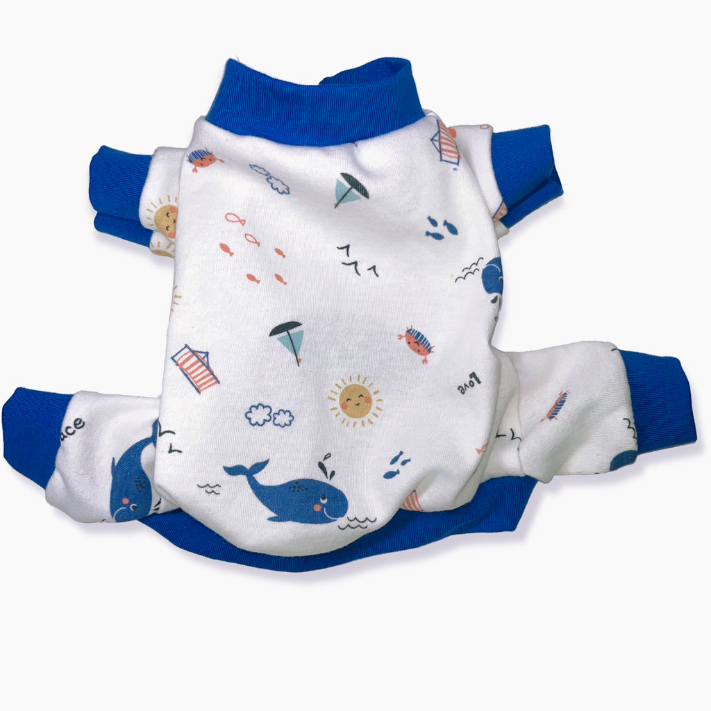 Navy blue whale print cotton dog pajamas