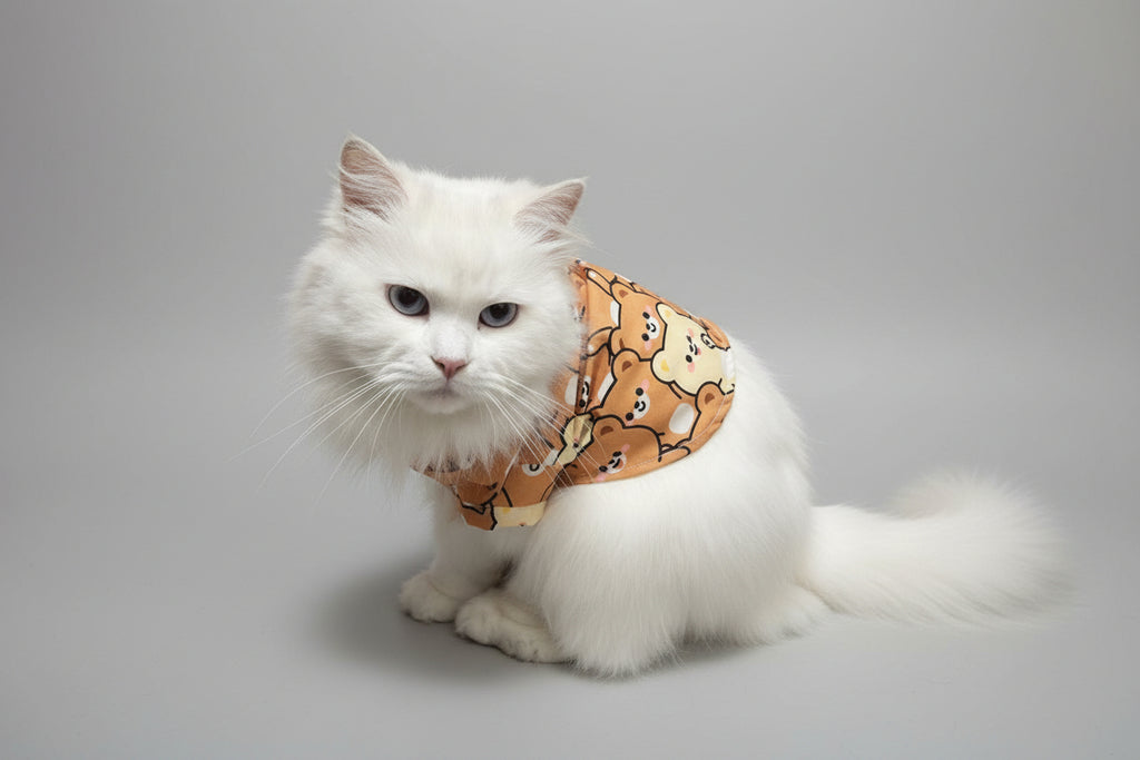 White cat wearing an orange bandana with dog designs on a wooden floor.