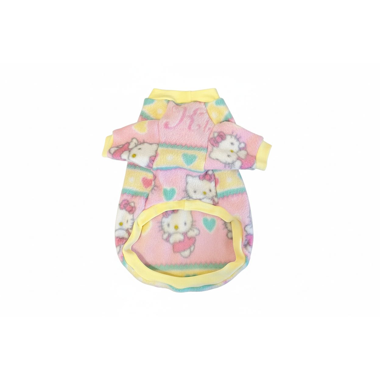 Pink pet outfit with Hello Kitty design on a textured beige background