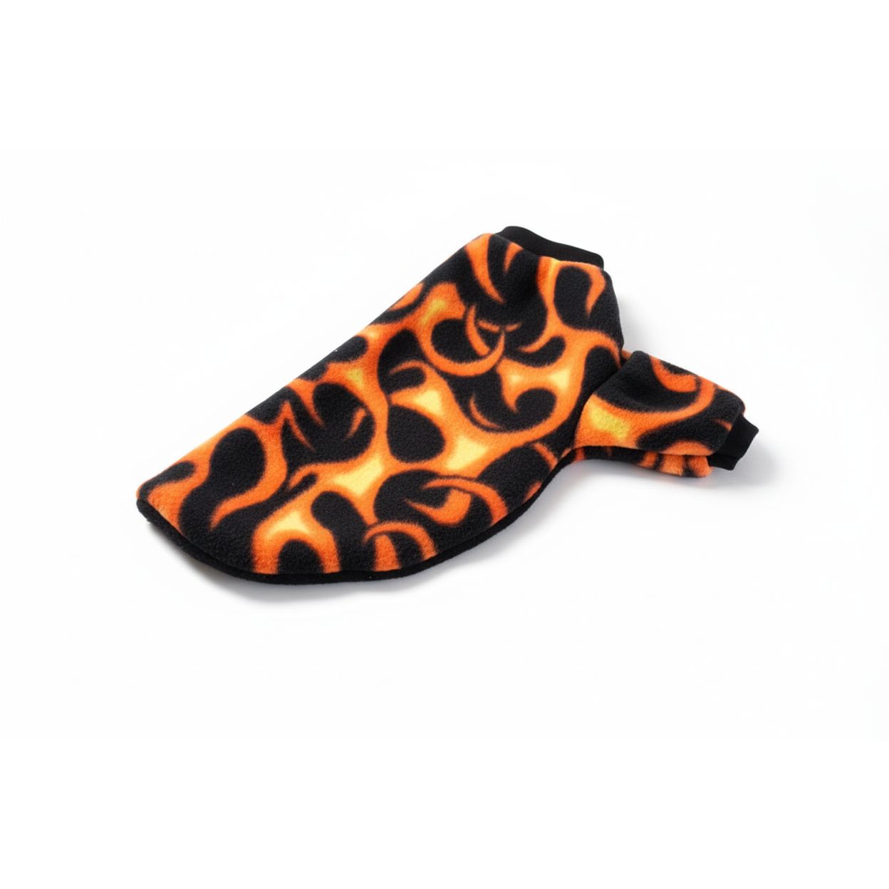 Flame-patterned dog coat with orange and black design on a light gray background
