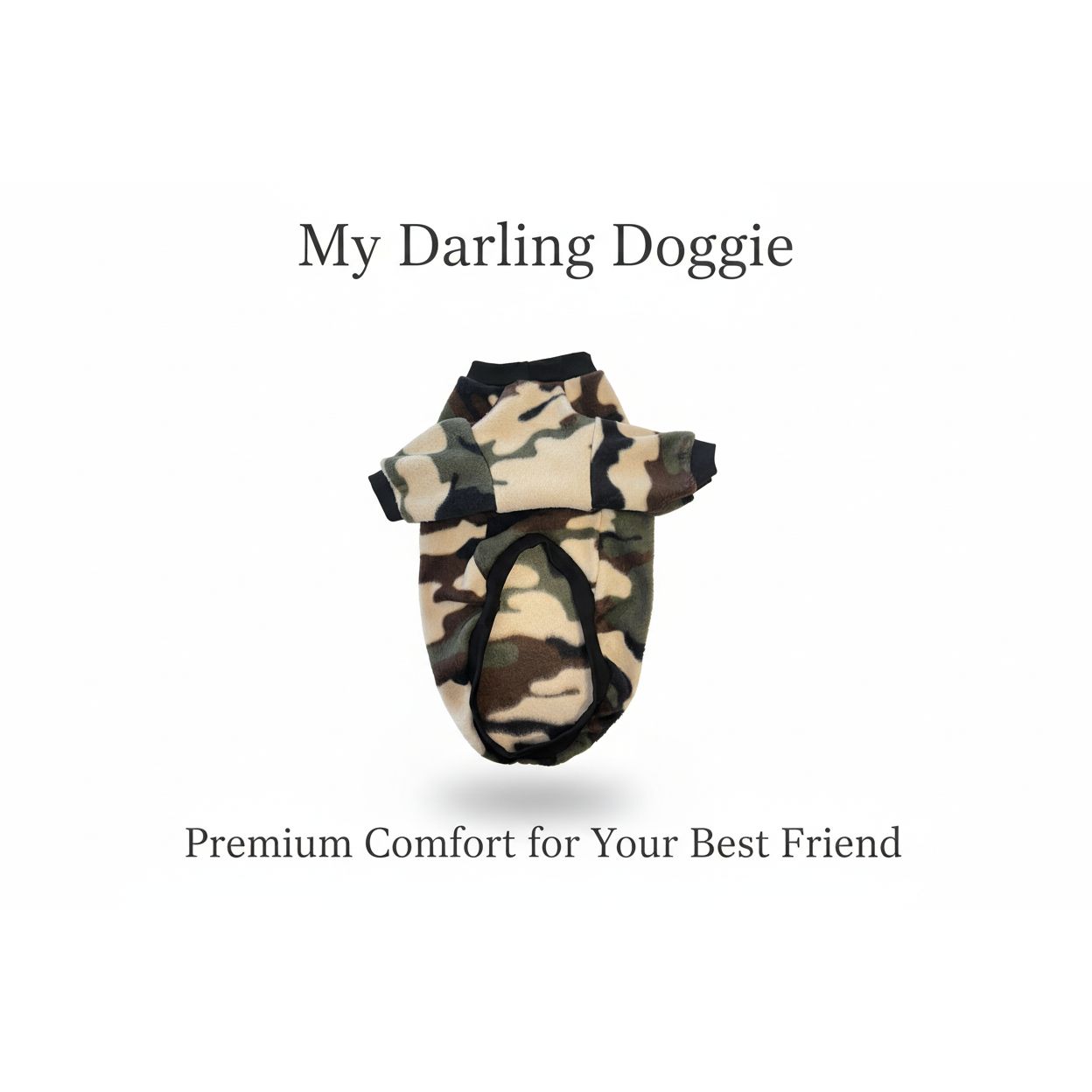 Green army Camo print fleece dog sweater with black trim.