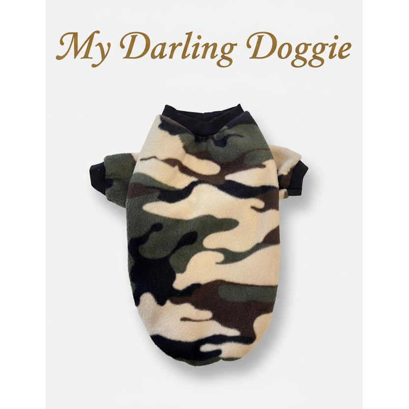 Green army Camouflage print fleece dog sweater with black trim.