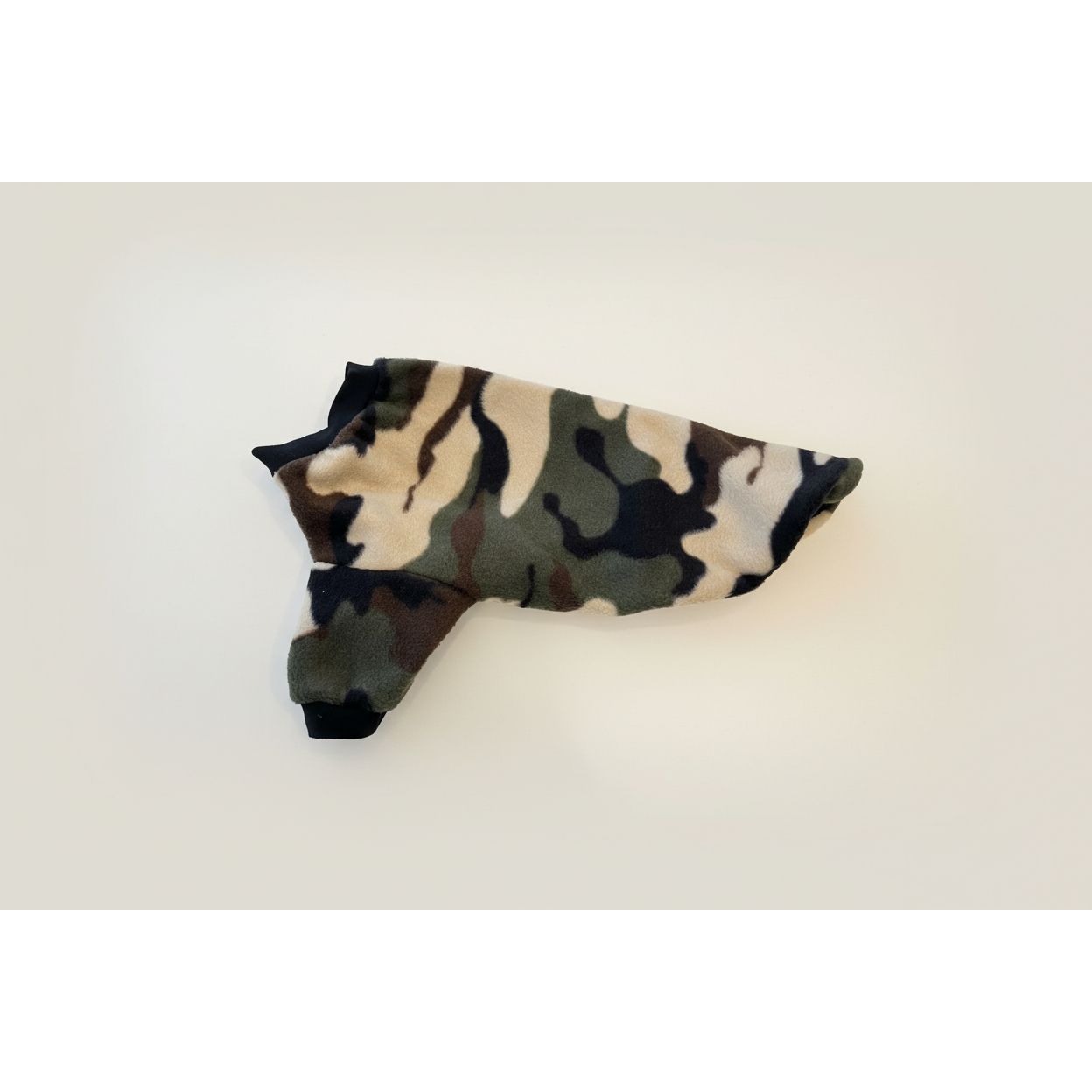 Green army Camouflage print fleece dog sweater with black trim.