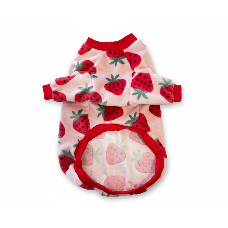 Small dog sweater with a strawberry pattern and a pink trim