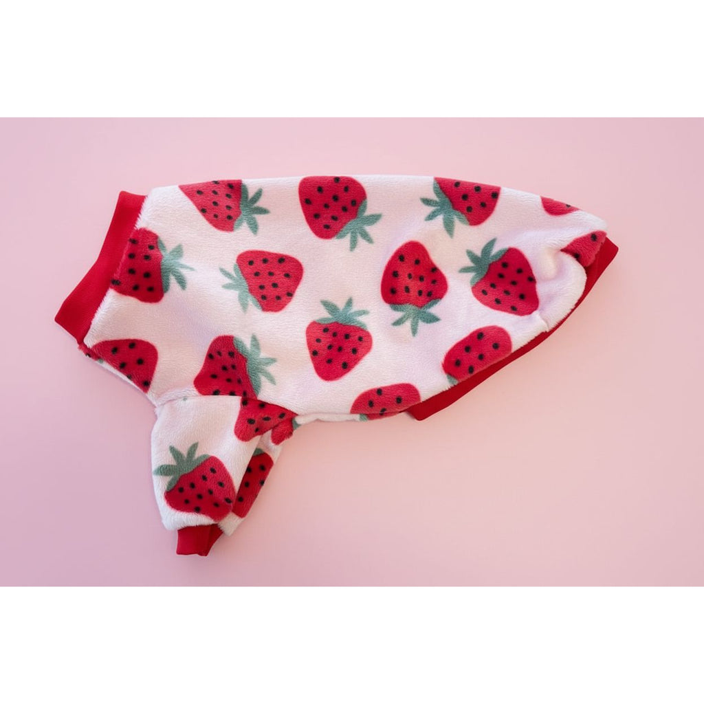 Small dog sweater with a red strawberry pattern on a pink background