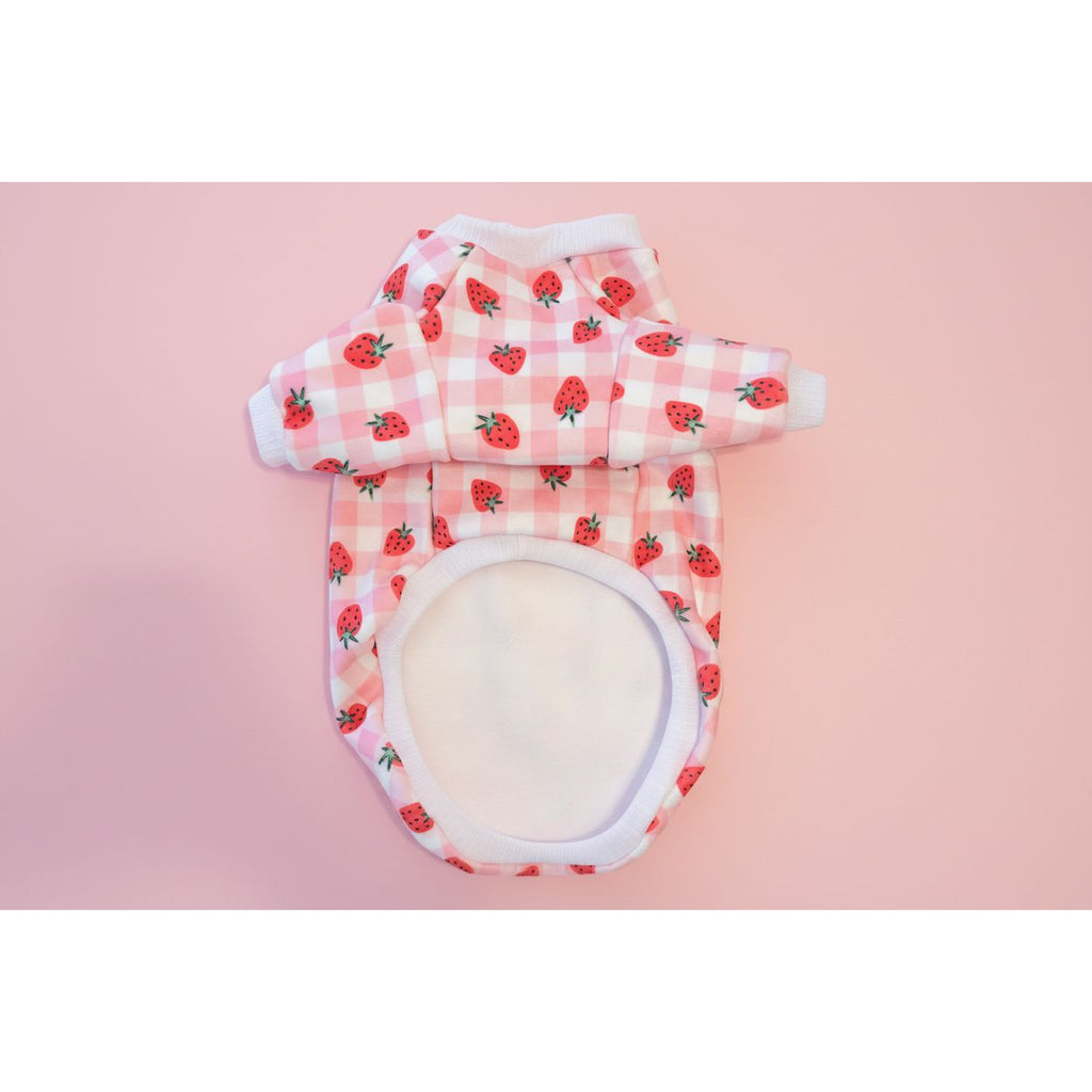 Pink checkered small dog sweater with strawberry pattern on a beige surface