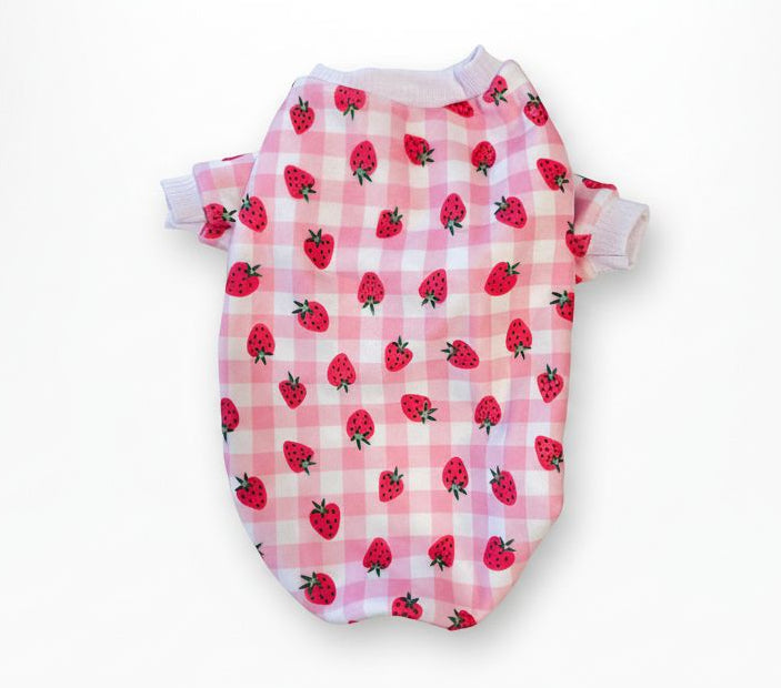 Pink checkered pet outfit with strawberry pattern on a marble surface