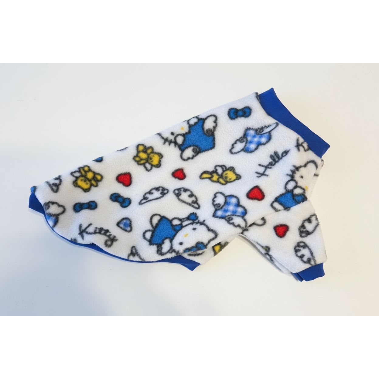 Cute Hello Kitty fleece dog sweater with matching blue trim.