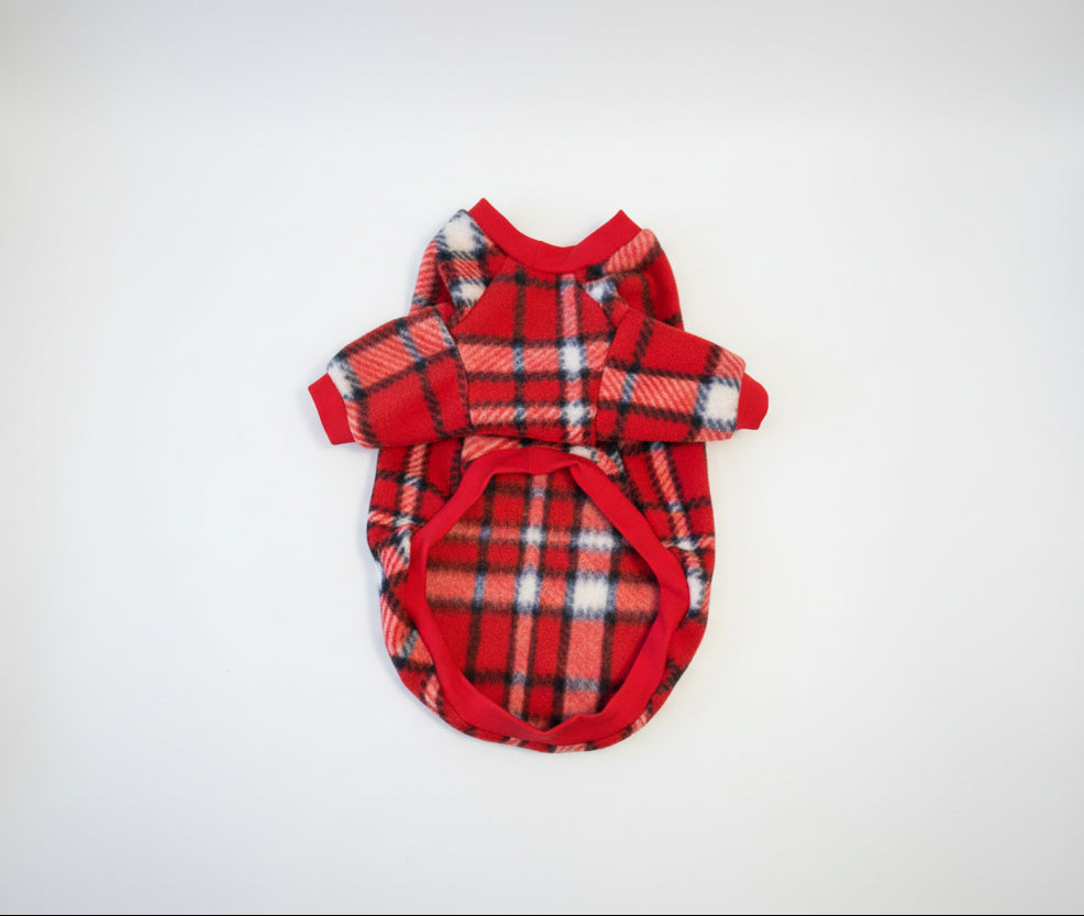 Red plaid dog coat on a gray background