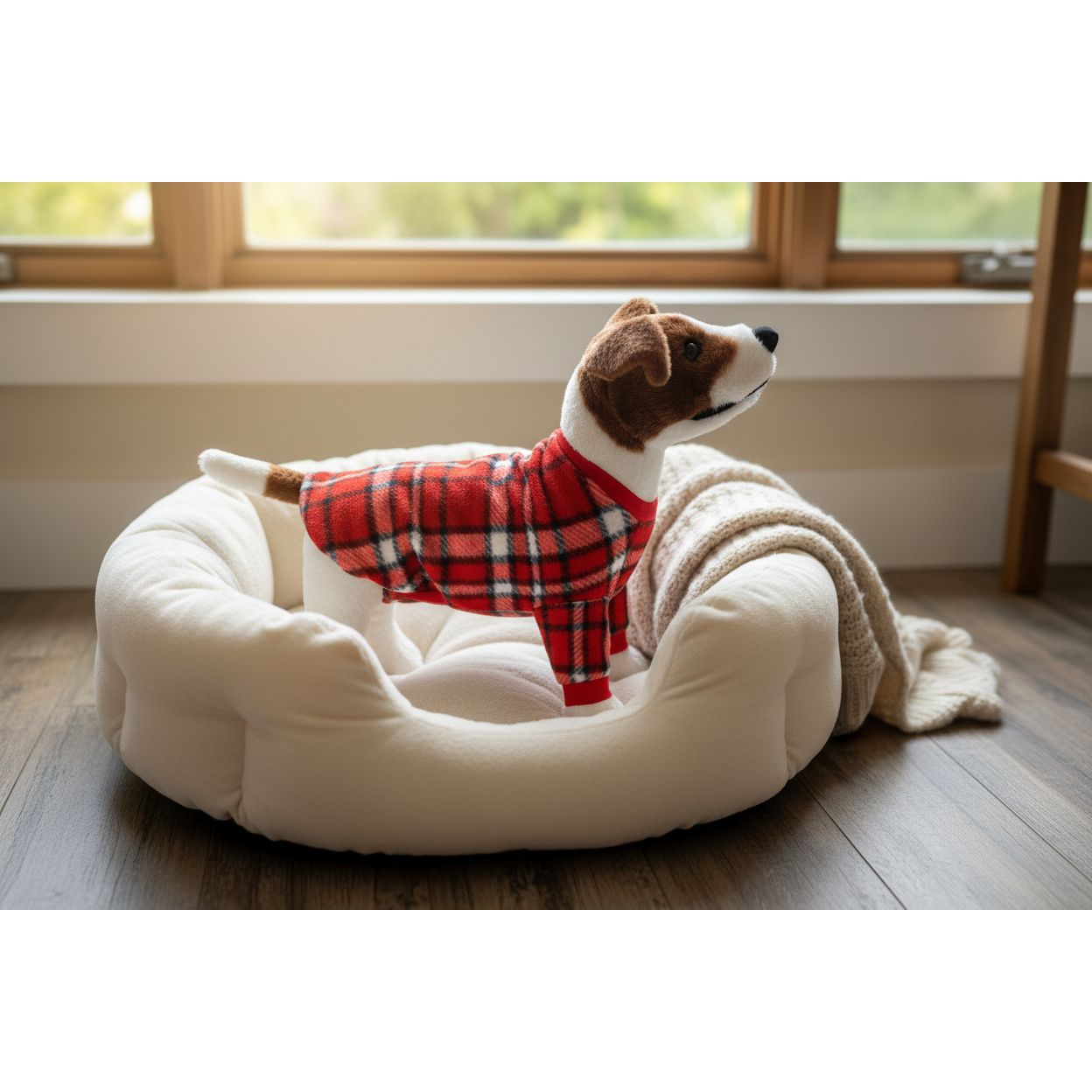 beagle in a red plaid outfit on a beige corduroy surface